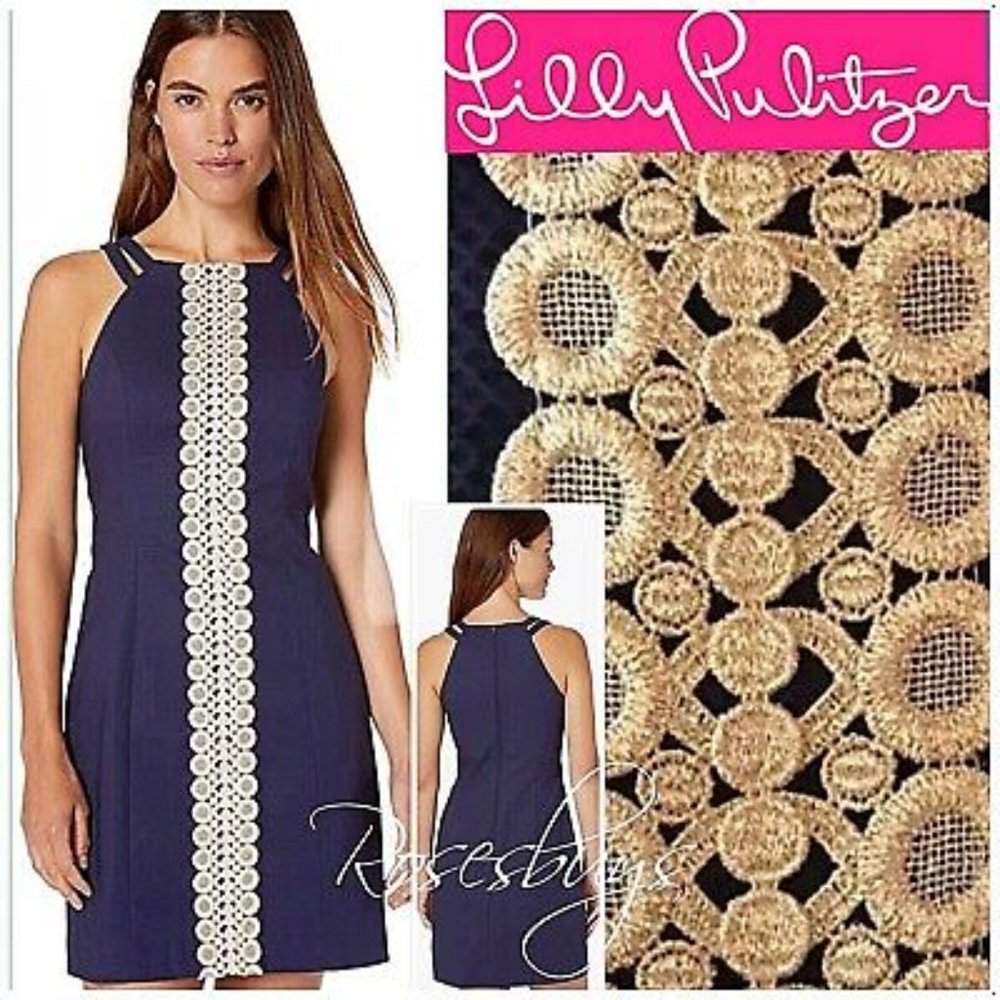 Lilly Pulitzer Halter Navy and Gold Mini Dress